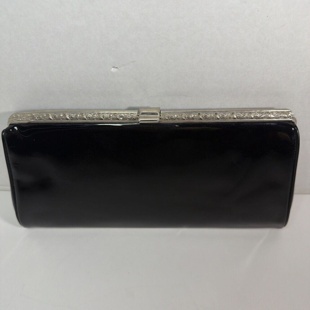 Authentic 1950s Black Patent Clutch Wallet Purse With Silver Flower Inlay MCM